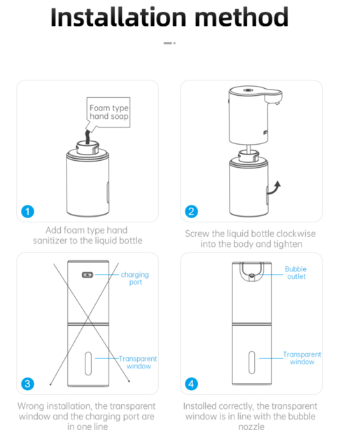 An installation guide diagram with four numbered panels showing how to attach a liquid bottle to a hand soap dispenser, including labels for foam type hand soap, charging port, bubble outlet, and transparent window.