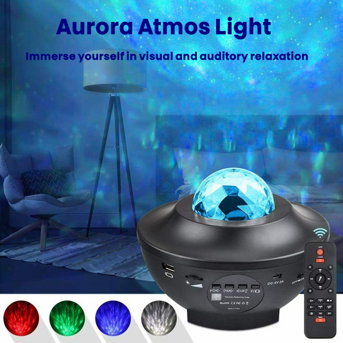 Aurora Atmos Light projector with a black UFO-shaped body, a faceted blue light dome, and a matching remote control, shown with promotional text and a cozy living room scene in the background.