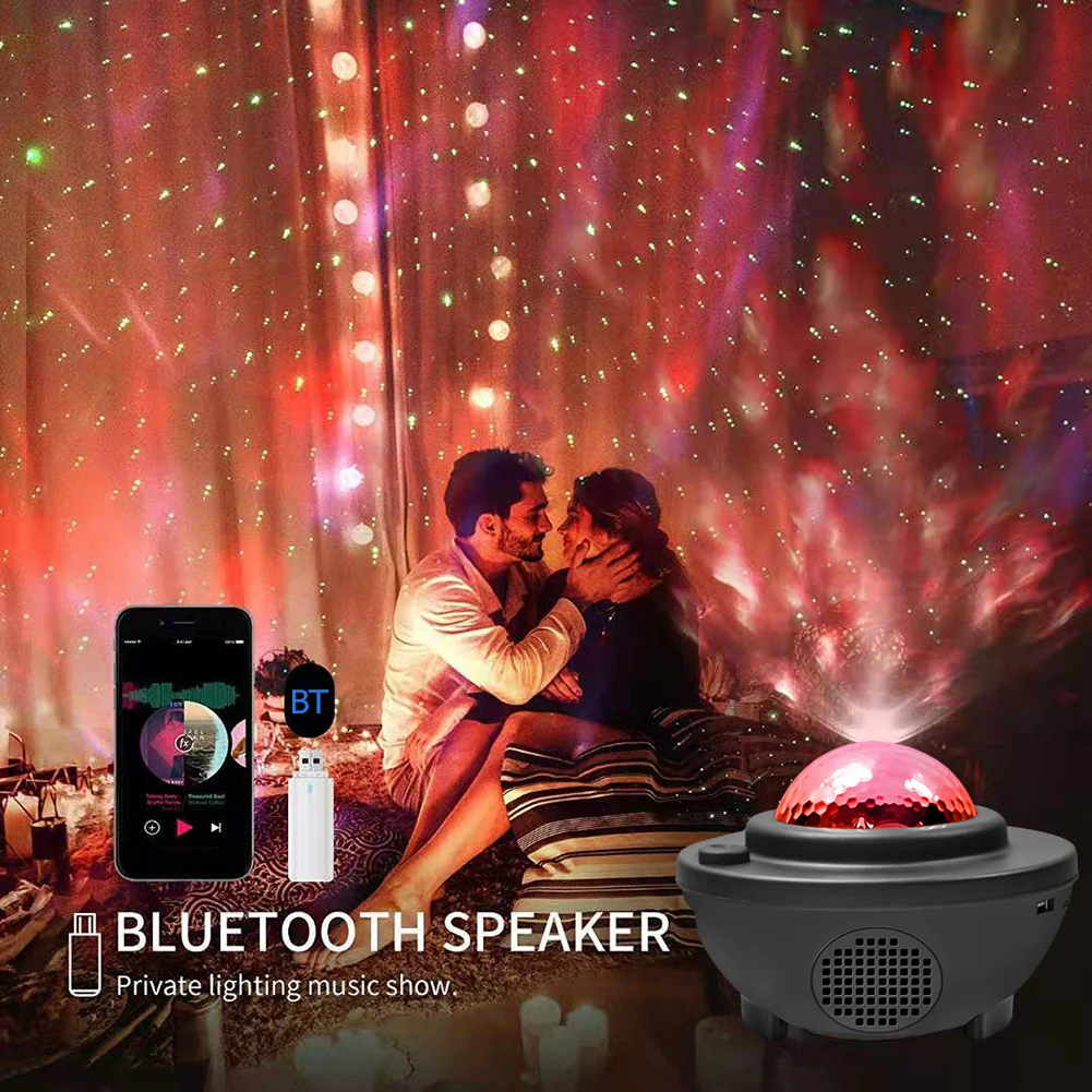 Couple sitting together with a Bluetooth speaker and starry light projector in a romantic setting.