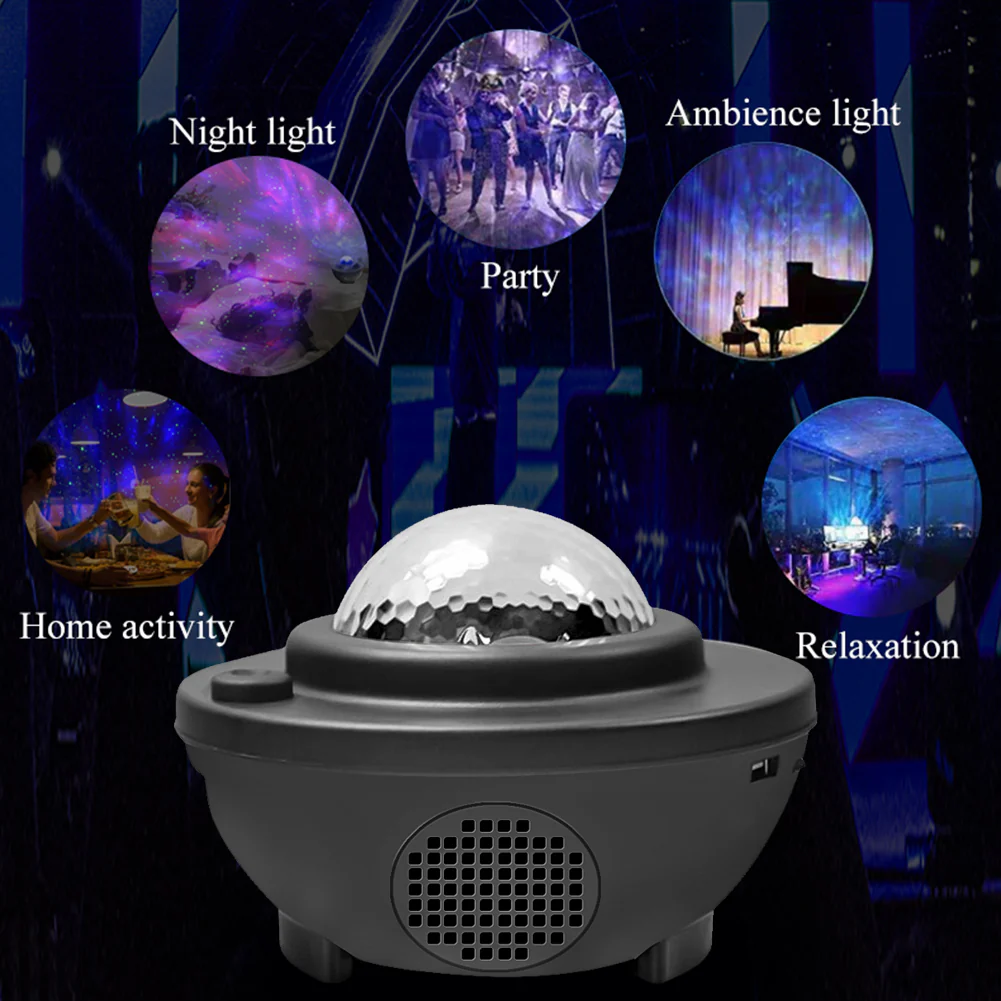 Light projector with various lighting effects displayed on a dark background