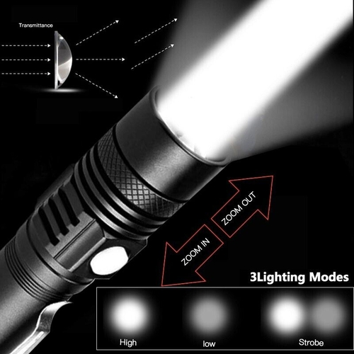 Flashlight with zoom controls and lighting modes on a black background