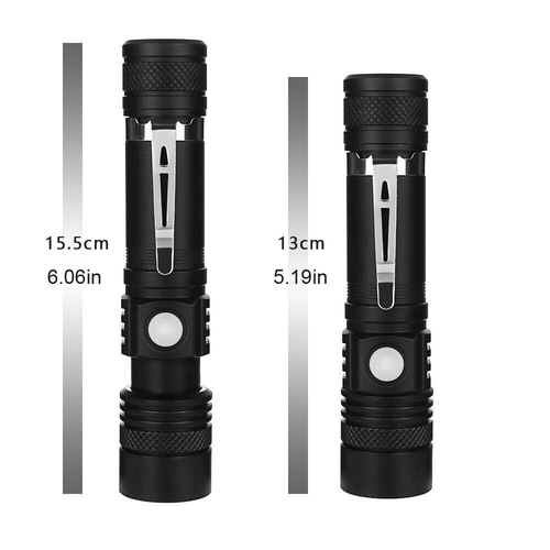 Two black flashlights with measurements on a white background