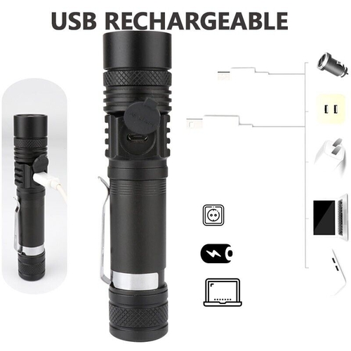 Black USB rechargeable flashlight with packaging and features on a white background