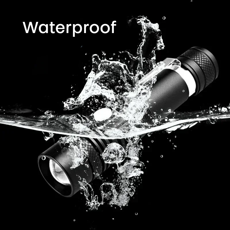 A black cylindrical waterproof device shown partially submerged in splashing water on a black background, with the word 'Waterproof' in white text at the top.
