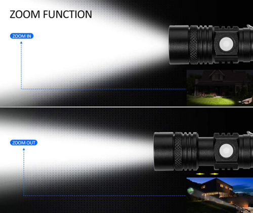 Flashlight with zoom function demonstrated in two settings: indoors and outdoors.