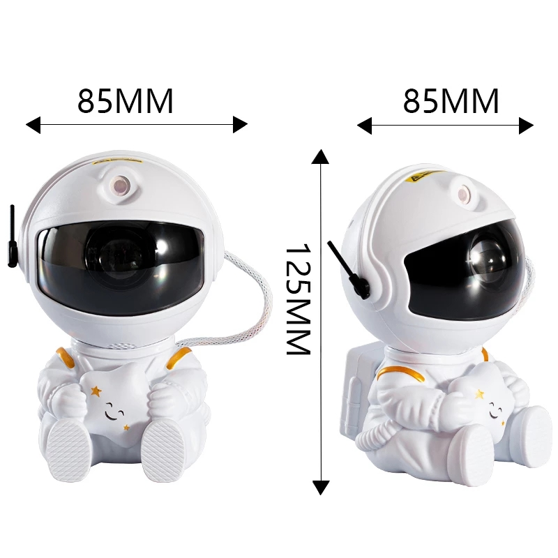 Two toy figures in astronaut costumes with dimensions indicated on a white background
