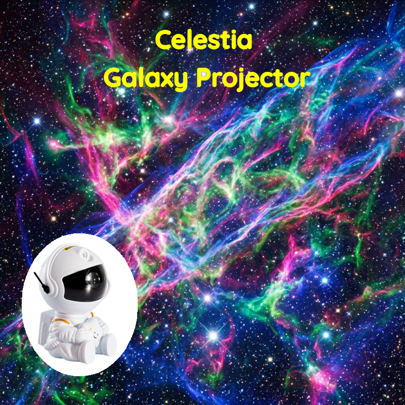 Celestia Galaxy Projector promotional graphic featuring a colorful galaxy nebula background with the text 'Celestia Galaxy Projector' in yellow at the top and a circular inset showing a white astronaut figure.