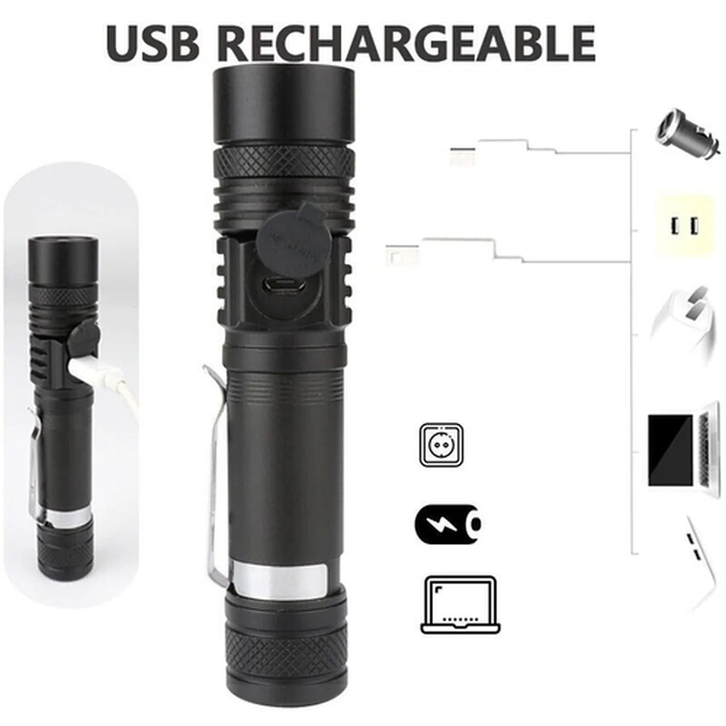 Black USB rechargeable flashlight with packaging and usage icons on a white background