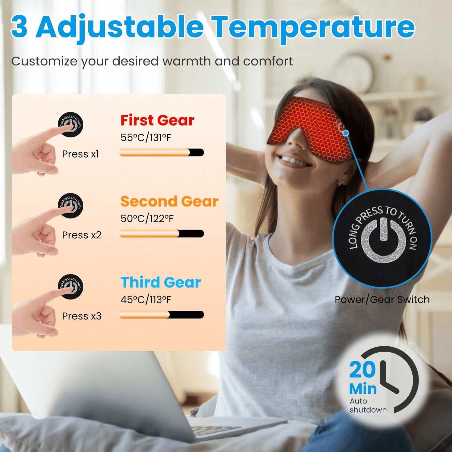 Person wearing a heated eye mask with temperature control instructions and a woman using a laptop in the background.