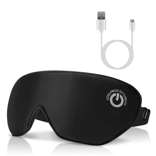 Black sleep mask with USB cable on a white background