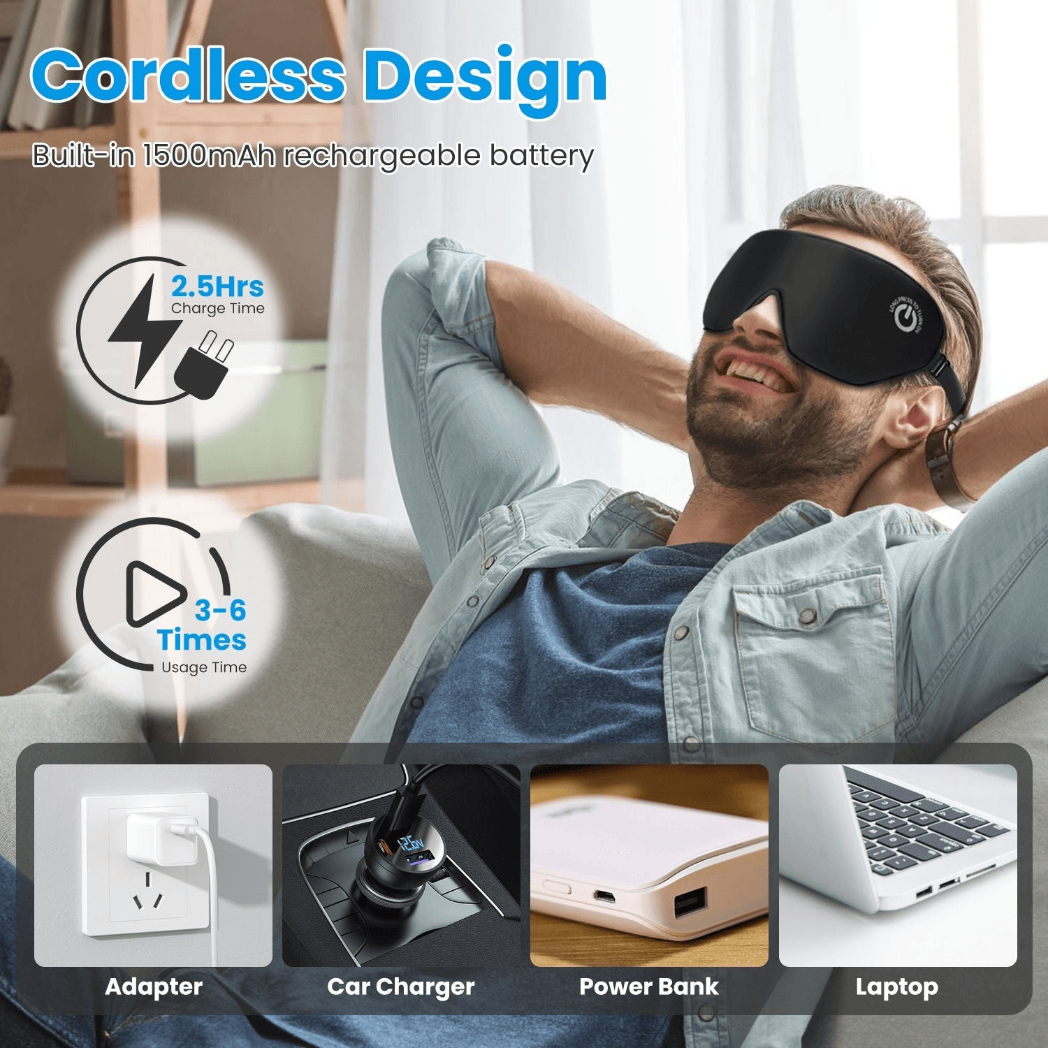 Man using a black sleep mask with product features highlighted on a white background