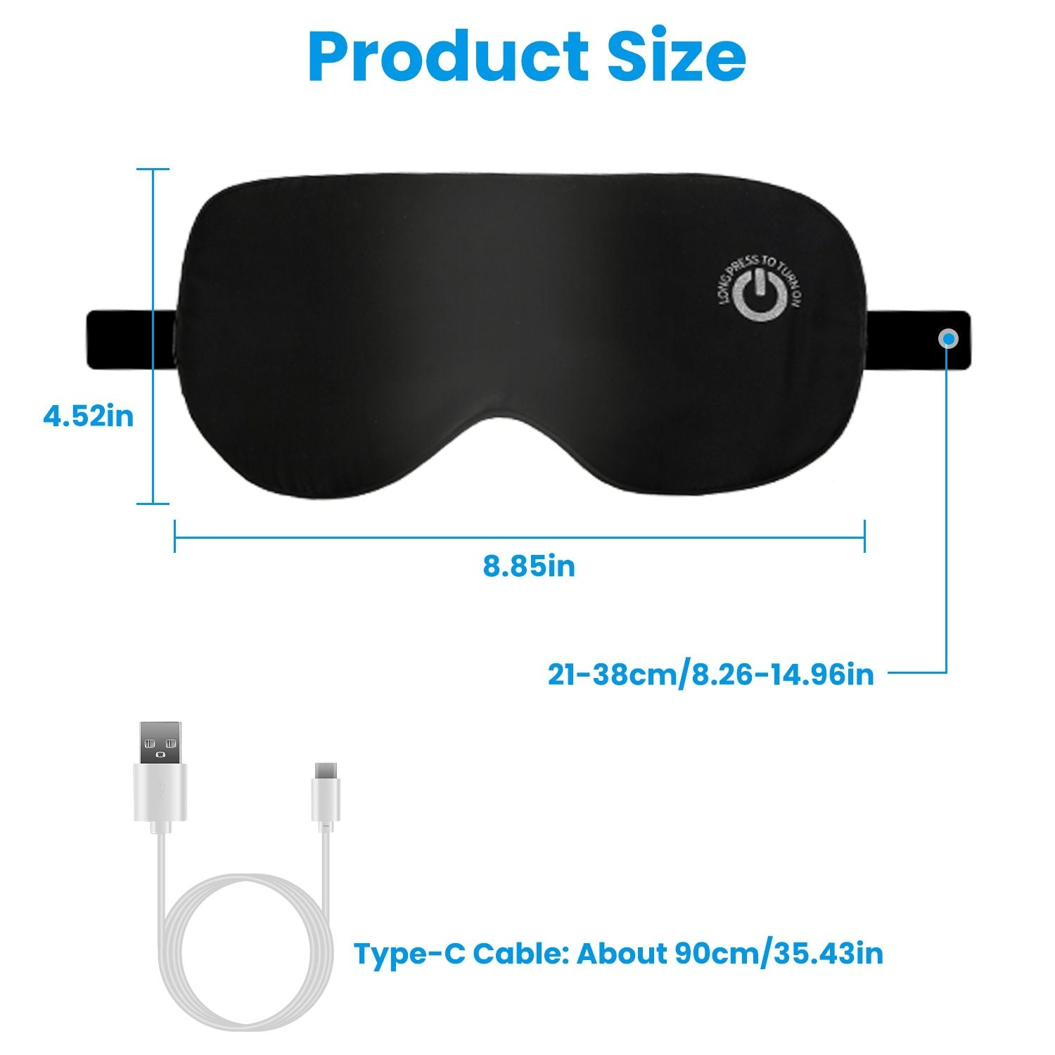 Black sleep mask with USB cable and measurement details on a white background