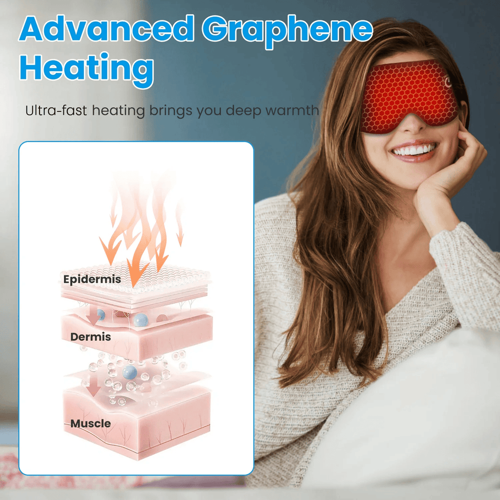 Woman wearing a red graphene heating eye mask with an inset showing thermal layers.