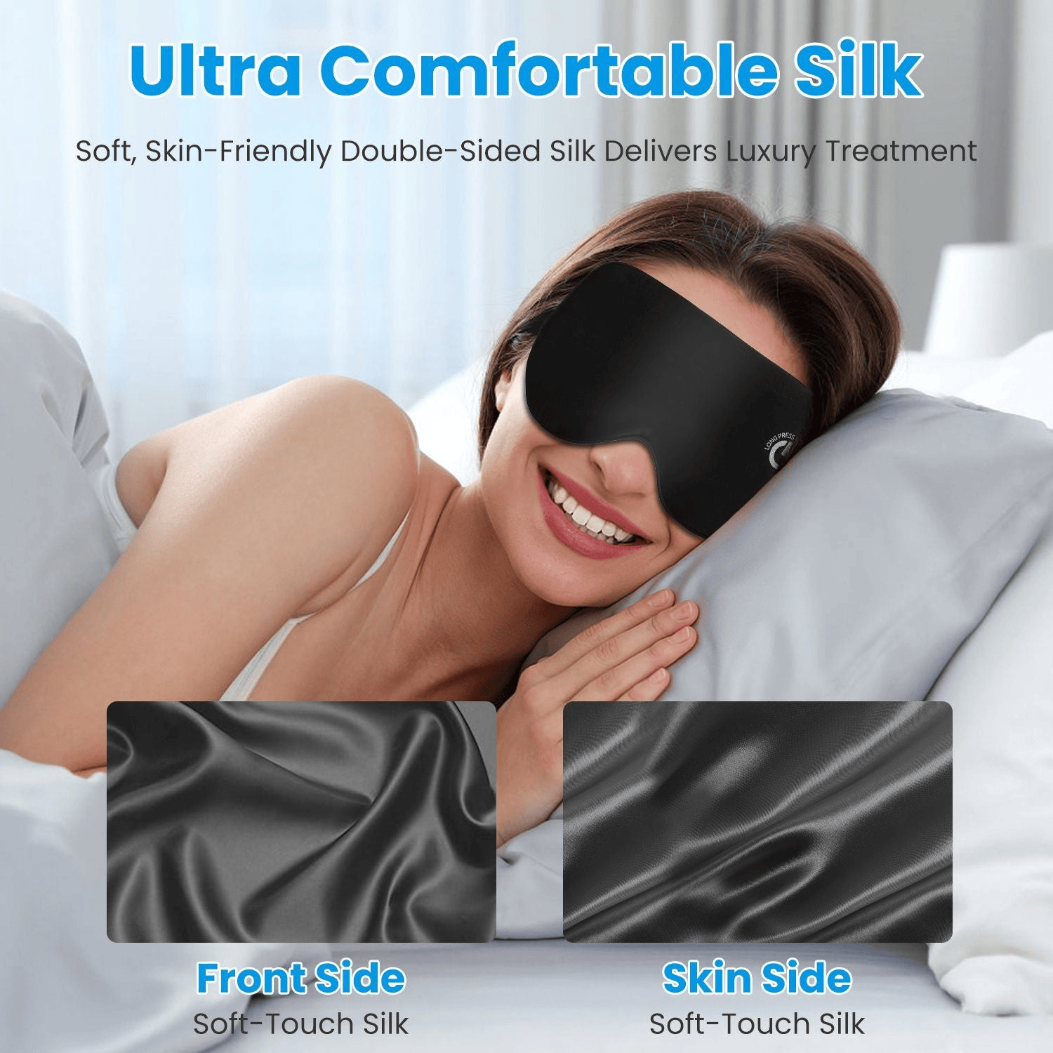 Woman wearing a luxury eye mask with two insets showing front and skin side layers of silk.