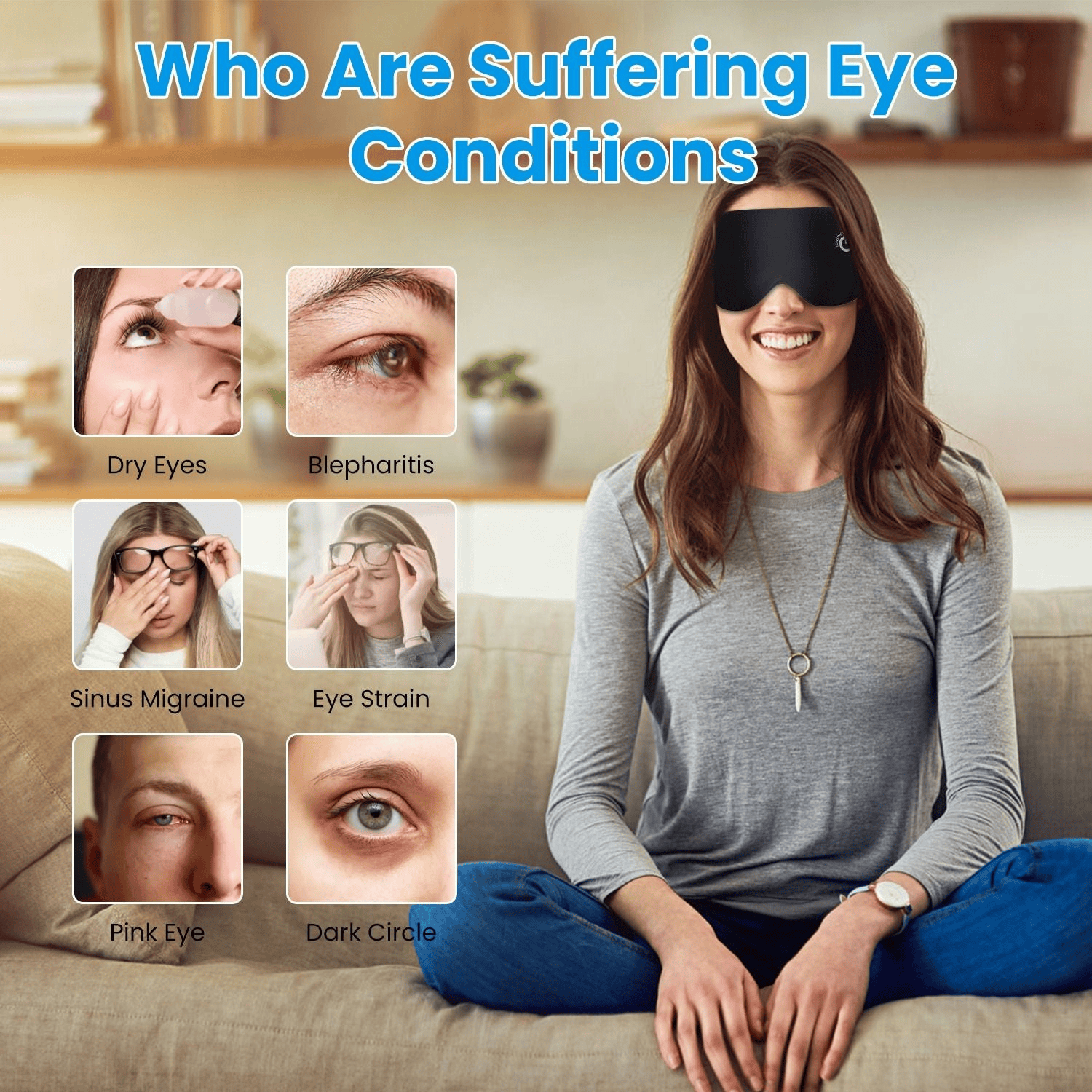 Woman wearing a sleep mask with images of eye conditions and remedies on a couch.