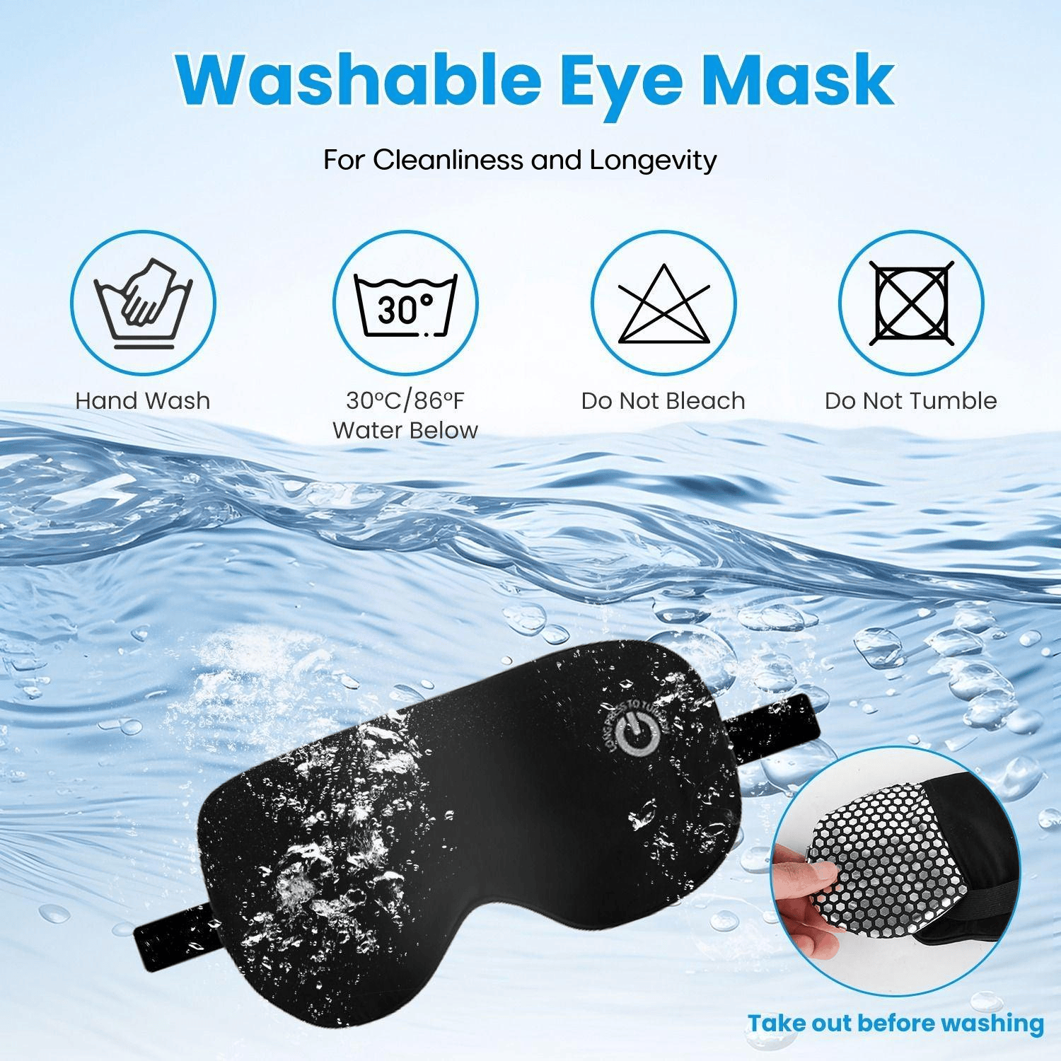 Washable eye mask with washing instructions on a water background