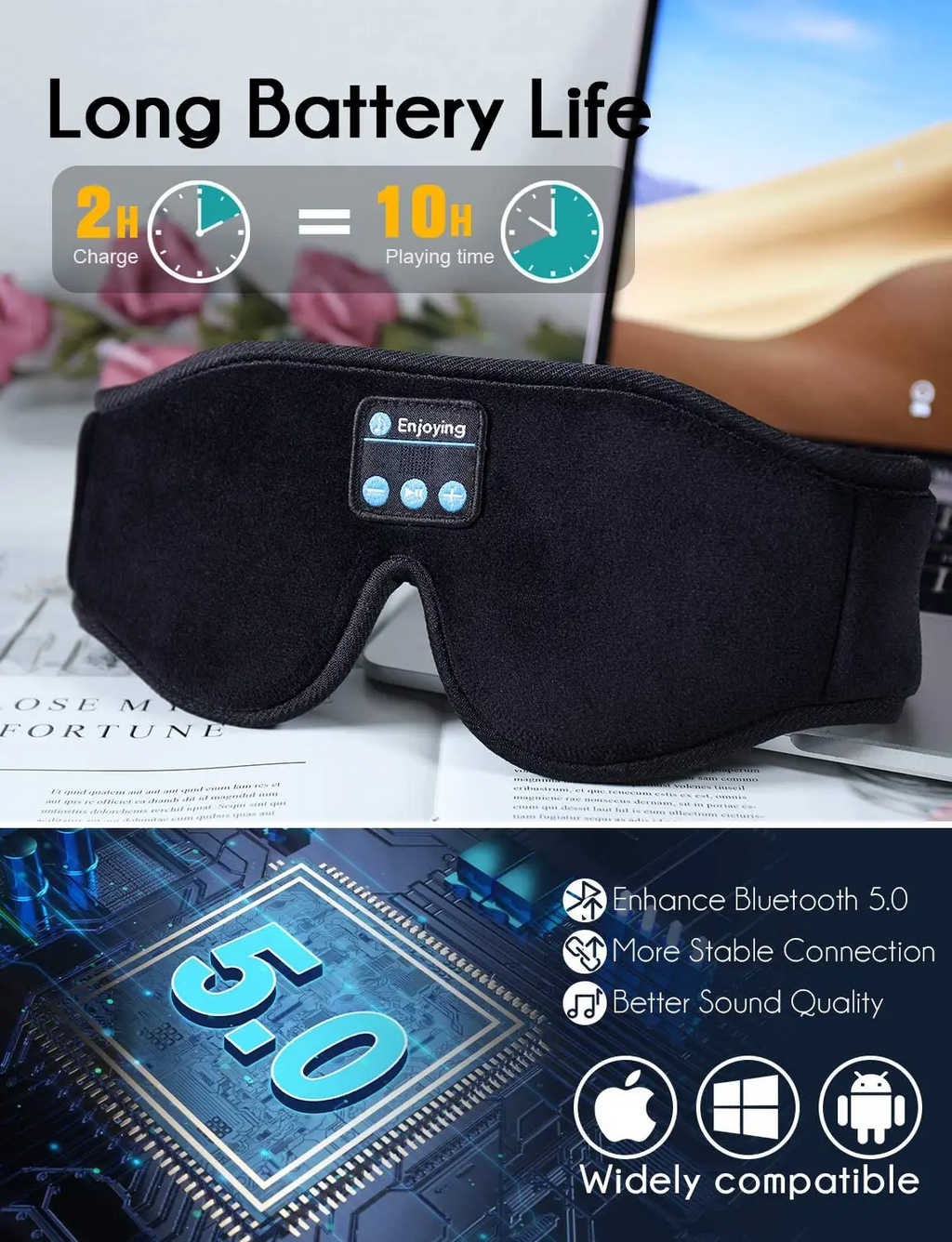 Black sleep mask with Bluetooth 5.0 technology on a magazine background