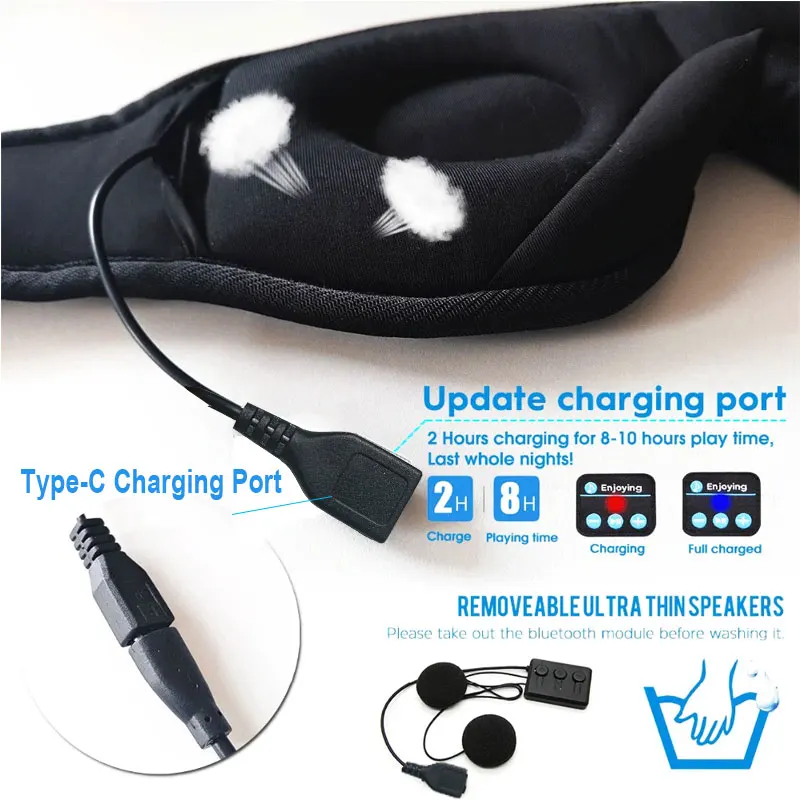 Black sleep mask with charging cable and speakers on a white background