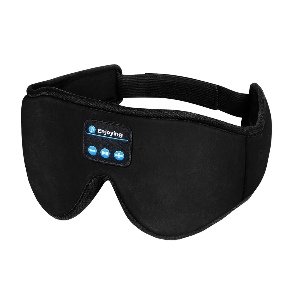 Black sleep mask with Bluetooth control panel on a white background