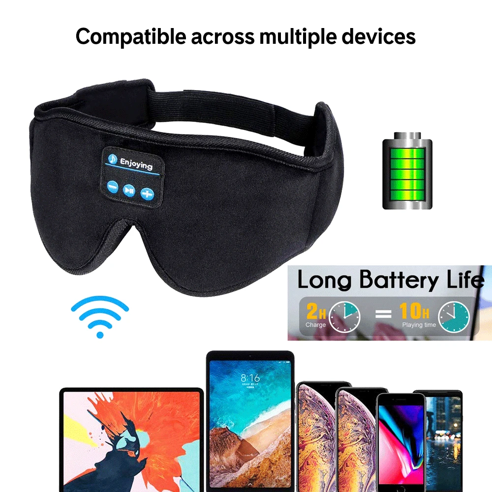 Black sleep mask with Bluetooth icon, battery indicator, and compatibility with multiple devices on a white background.