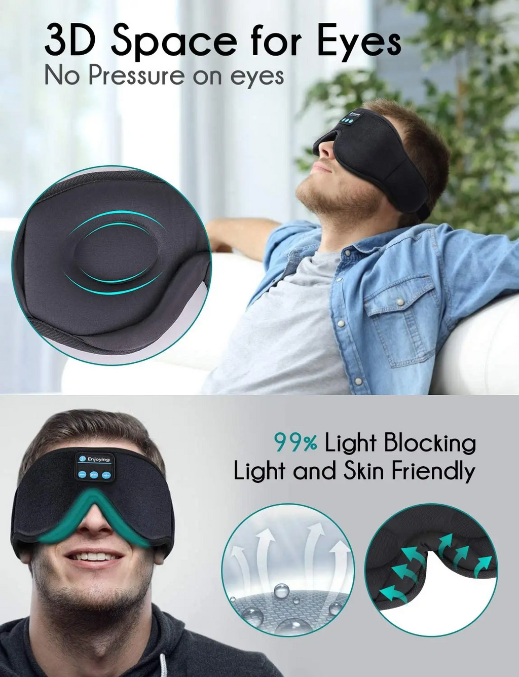 Sleep mask with 3D space for eyes, light blocking properties, and no pressure on eyes.