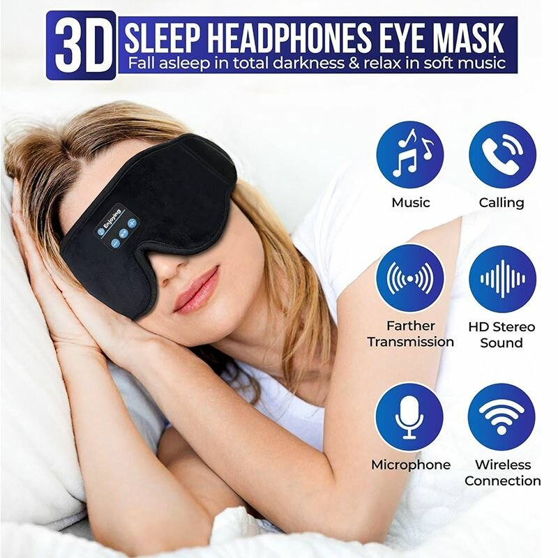 Woman wearing a 3D sleep headphones eye mask with feature icons displayed.
