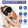 Woman wearing a 3D sleep headphones eye mask with feature icons displayed.