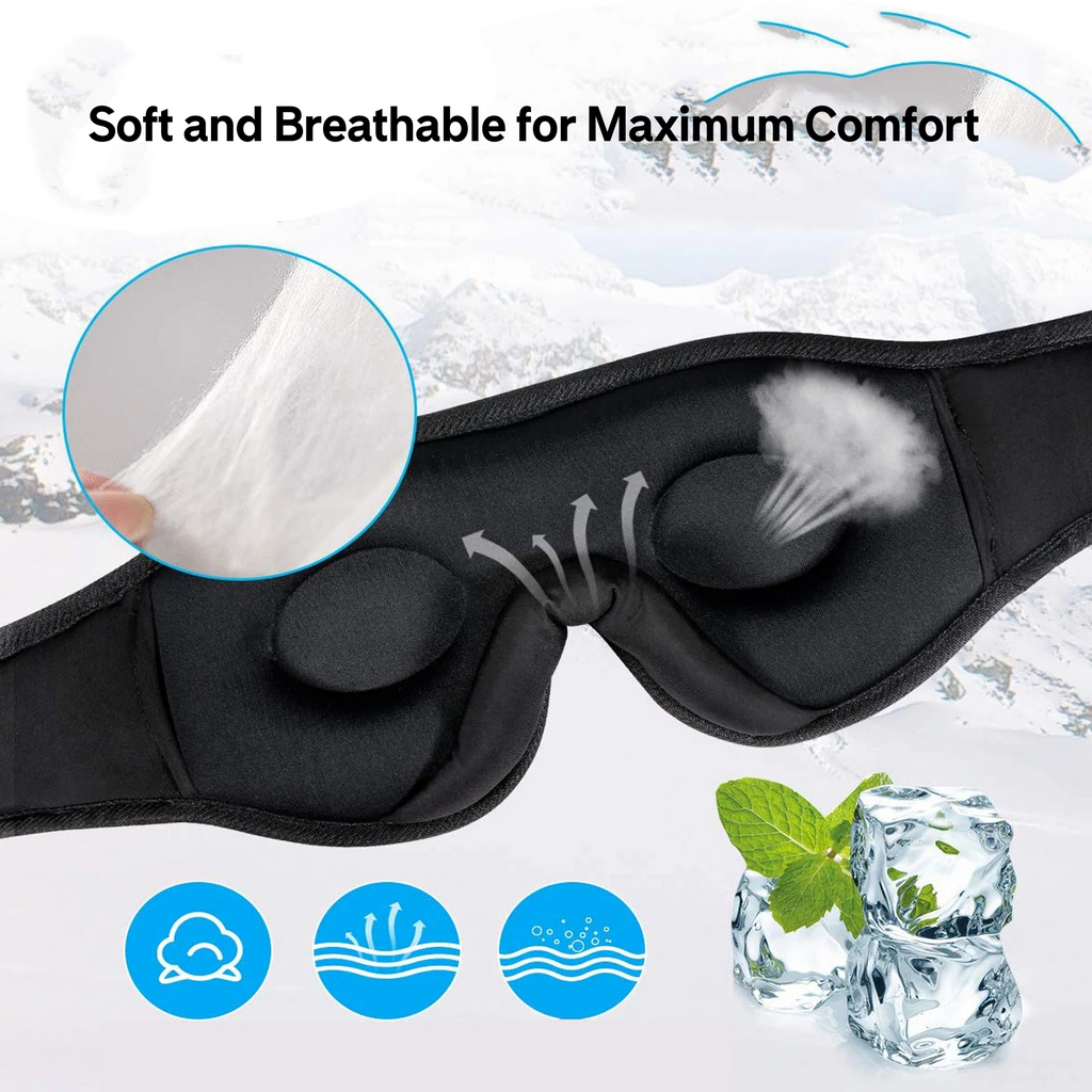 Black sleep mask with soft fabric texture, ice cubes, and mint leaves on a snowy background.