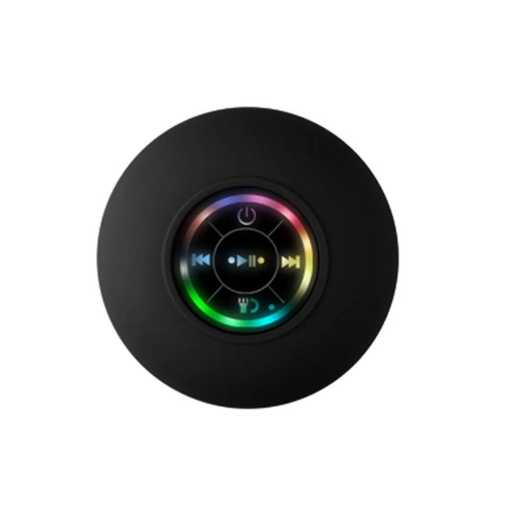 A round black wireless speaker control module with a central touch panel showing colorful RGB lighting and playback icons, isolated on a white background.