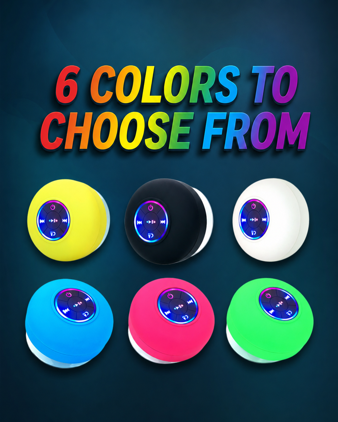 Six colorful circular devices with text '6 Colors to Choose From' on a dark blue background.