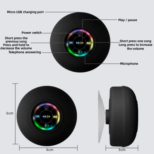 Black circular device with labeled features and dimensions on a white background