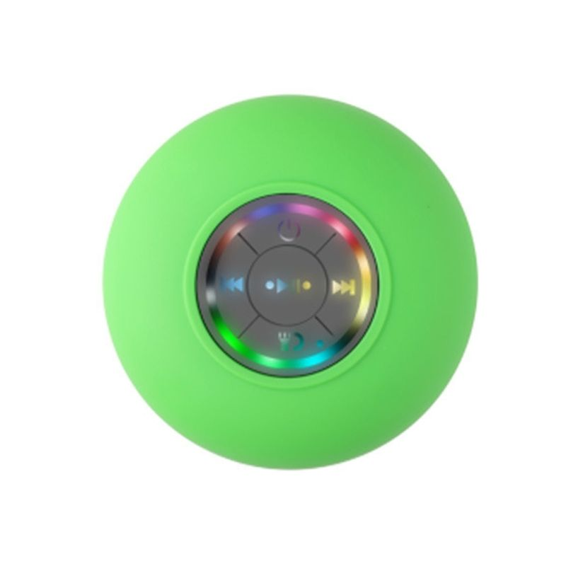 A round green portable Bluetooth speaker with a central control panel showing colorful LED light indicators, isolated on a white background.