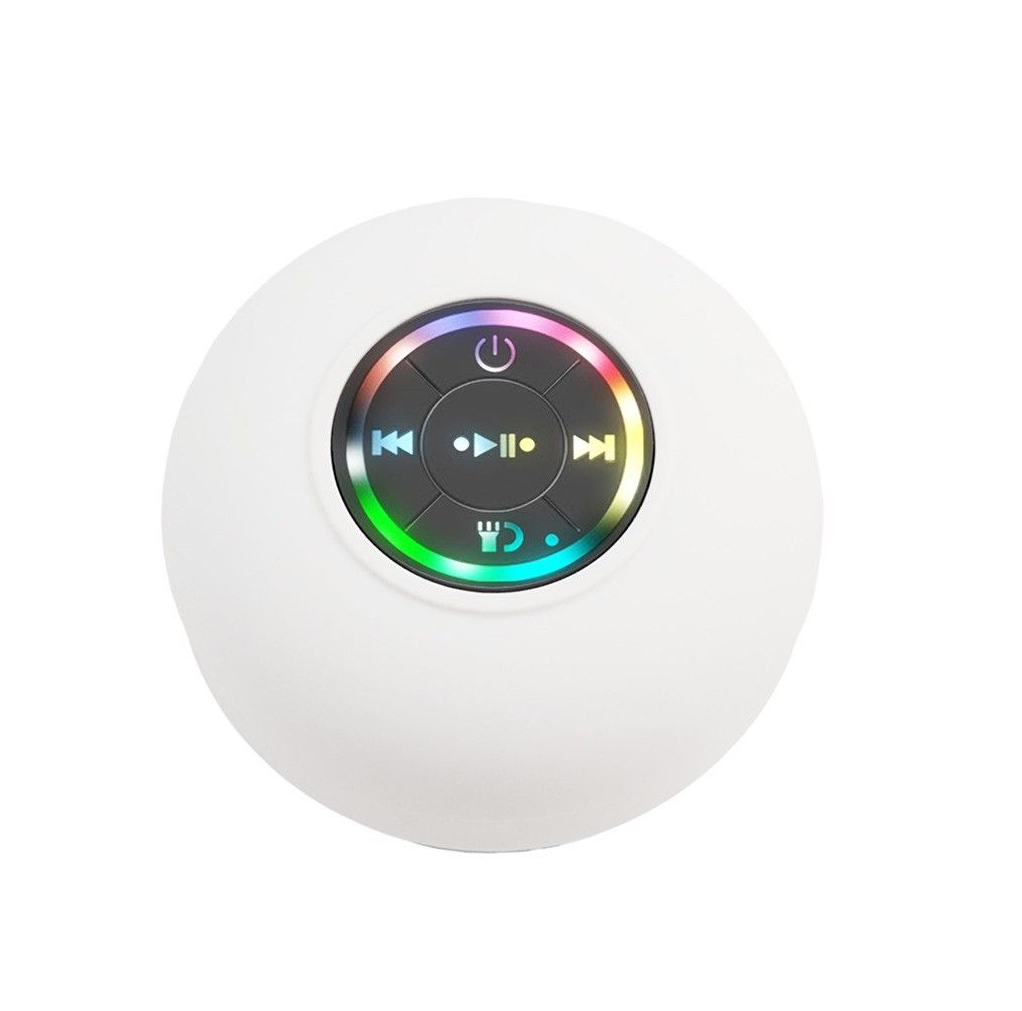 A white round smart speaker or control device with a central black touch panel showing colorful illuminated icons and a rainbow ring around the edge, isolated on a white background.