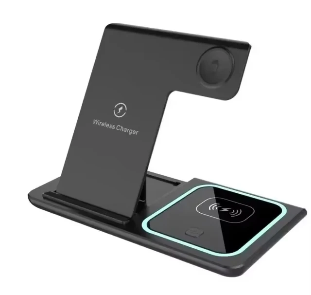 Black wireless charger with phone stand on a white background