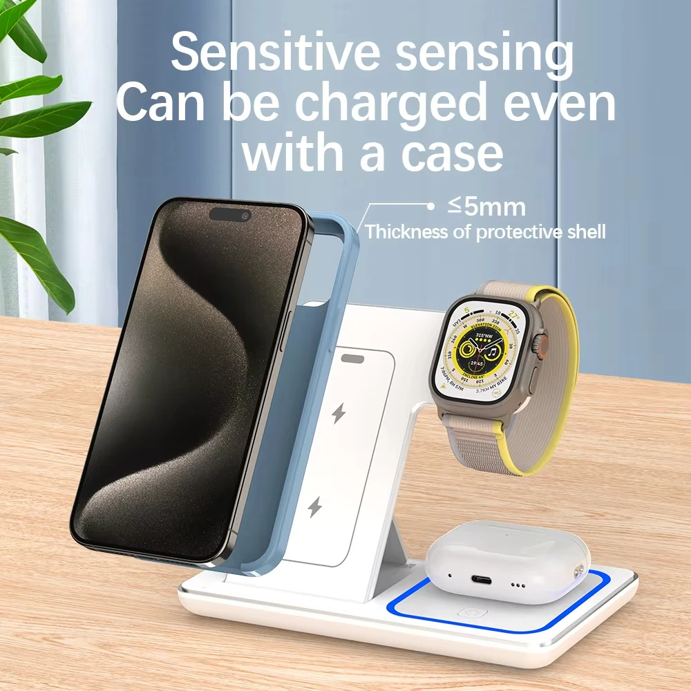 Wireless charging station with smartphone, smartwatch, and earbuds on a wooden surface.