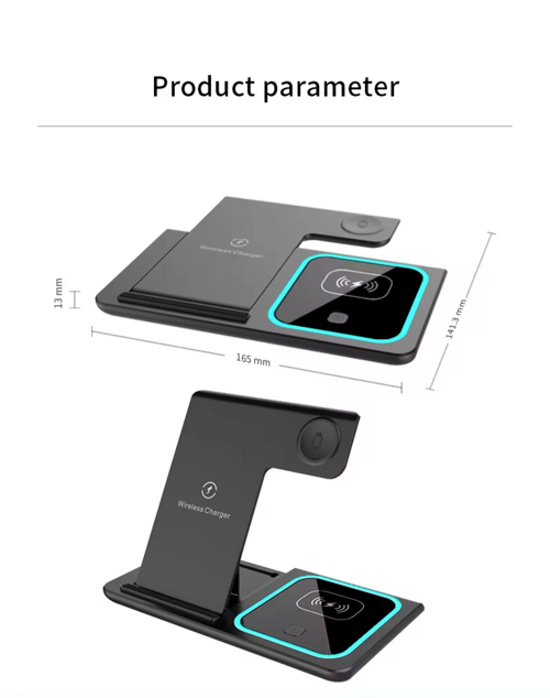 Product parameter diagram showing a black dual-device wireless charger in two positions, with dimension labels 140 mm, 11 mm, and 143 mm on a white background.