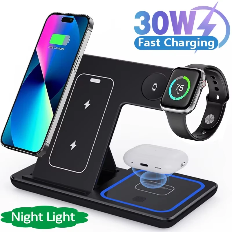 3-in-1 wireless charging stand with smartphone, smartwatch, and earbuds on a white background.