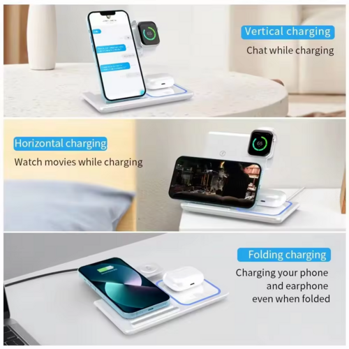 Multi-device wireless charging pad with smartphone, watch, and earbuds on a table.
