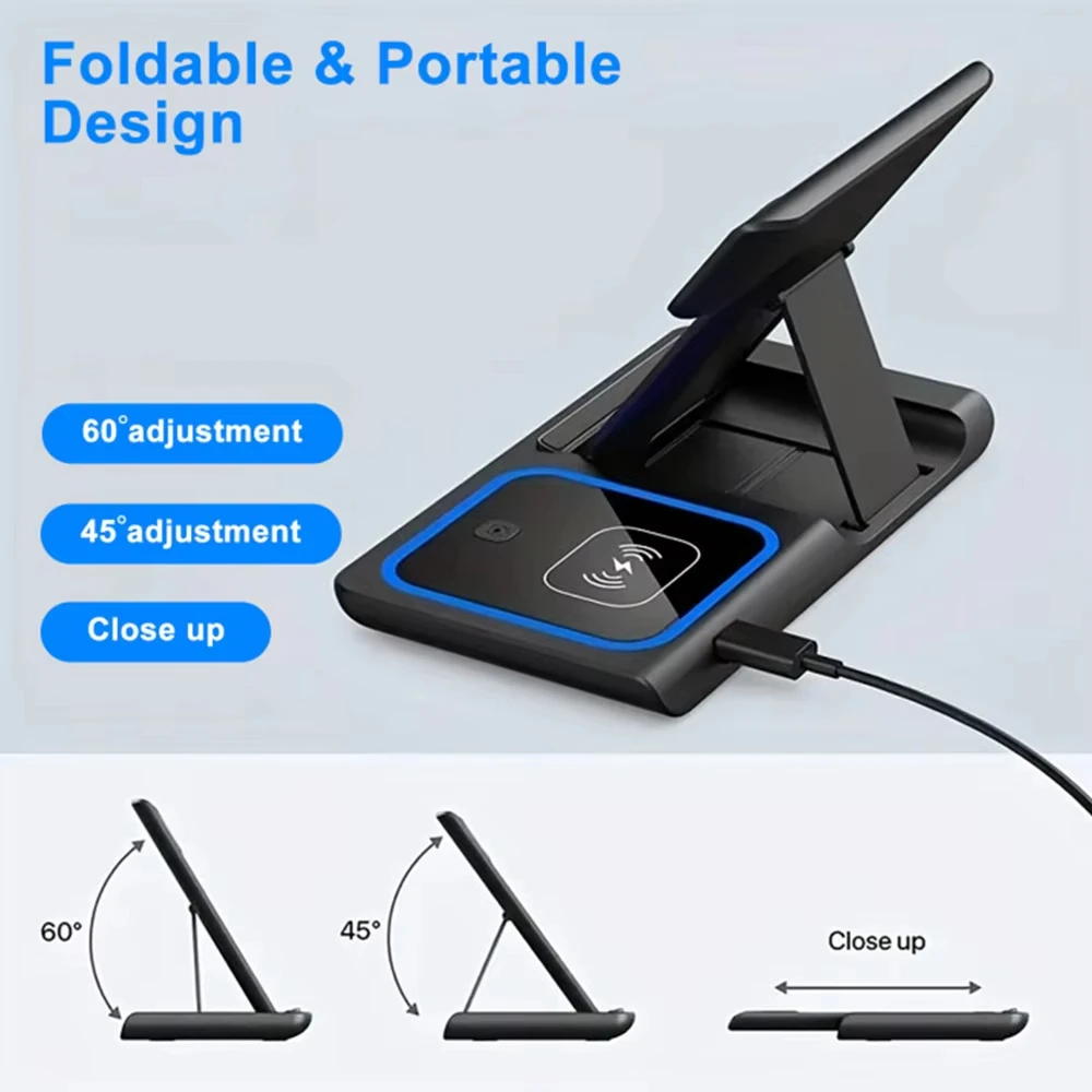 Foldable and portable tablet stand with adjustable angles on a light gray background
