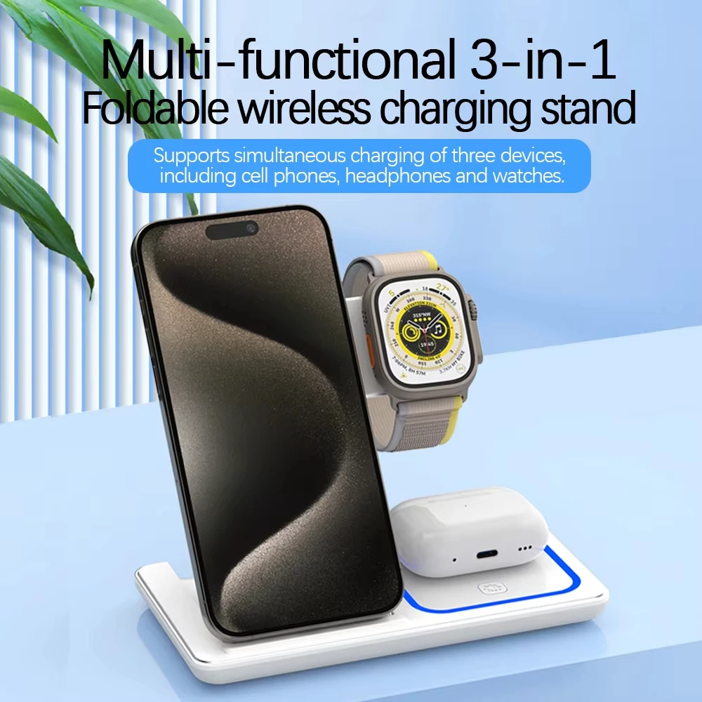 Multi-functional 3-in-1 foldable wireless charging stand with smartphone, smartwatch, and earbuds on a light blue background.