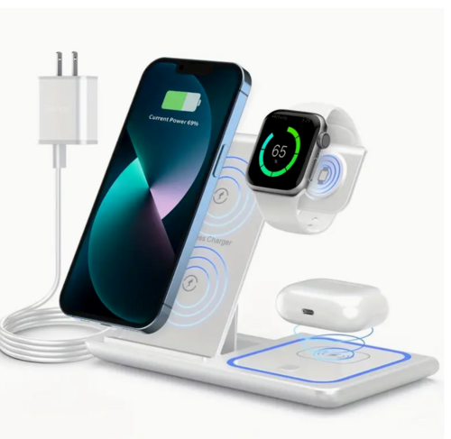 Wireless charging stand with smartphone, smartwatch, and earbuds on a white background