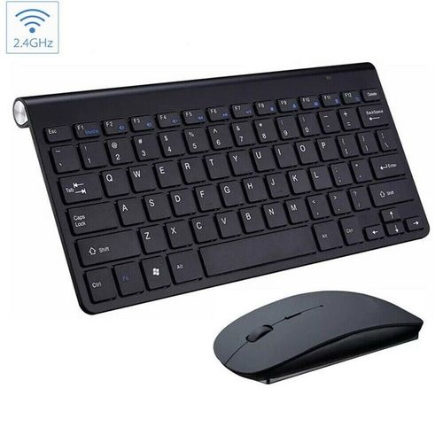 Black wireless keyboard and mouse set on a white background
