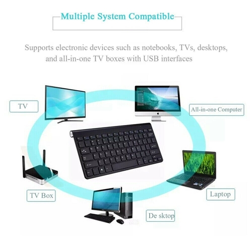 Diagram showing compatibility of a keyboard with various electronic devices including TVs, laptops, and TV boxes.