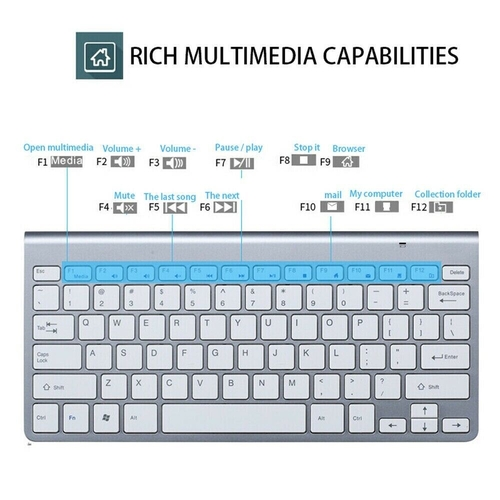 Keyboard with multimedia keys labeled on a white background
