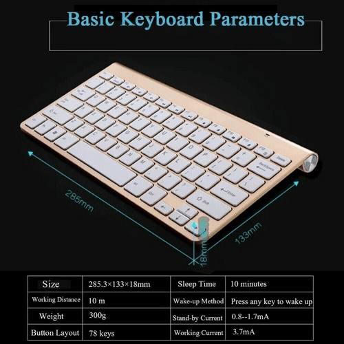 A wireless keyboard shown on a black background with dimension lines indicating 285mm length, 133mm width, and 18mm height, plus a size/specification table at the bottom. The keyboard has a light wood or pale beige frame with white keys.