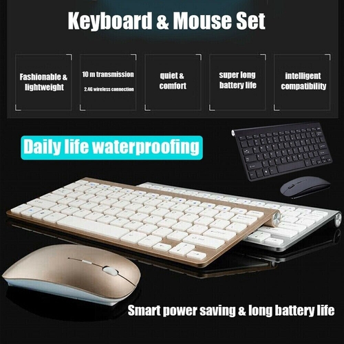 Keyboard and mouse set with features listed on a black background