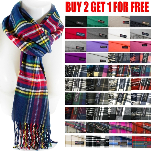 Colorful plaid scarf with 'Buy 2 Get 1 Free' text and a grid of other scarves below.
