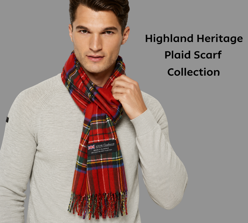 A man wearing a red plaid scarf with green, yellow, and blue stripes, paired with a light gray sweater, against a solid gray background with text reading 'Highland Heritage Plaid Scarf Collection'.