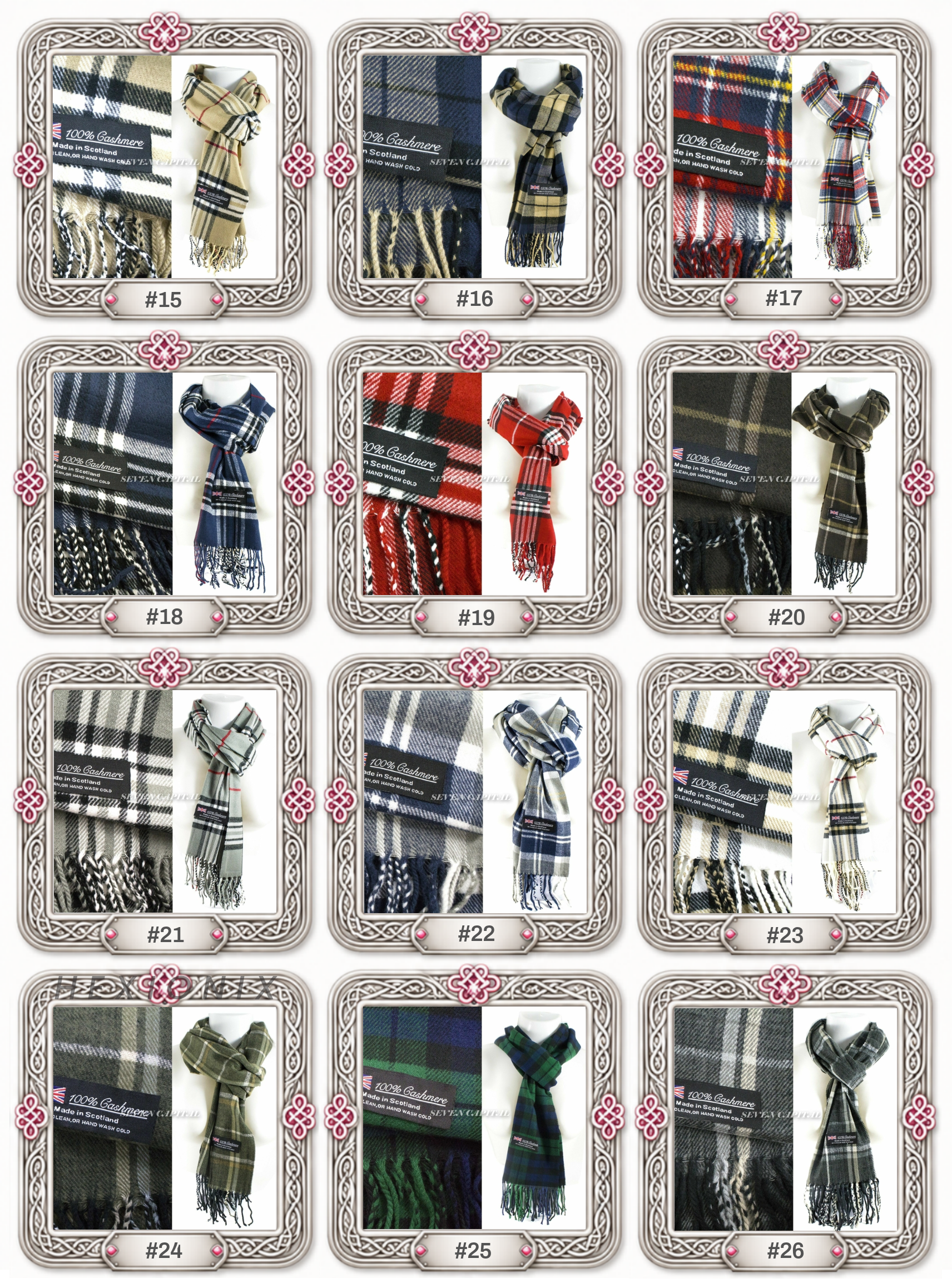 A grid of 12 product cards showing different plaid and tartan scarves, each labeled with a number from #15 to #26. The scarves feature various patterns including check, plaid, and tartan in colors like navy, red, green, beige, and black.