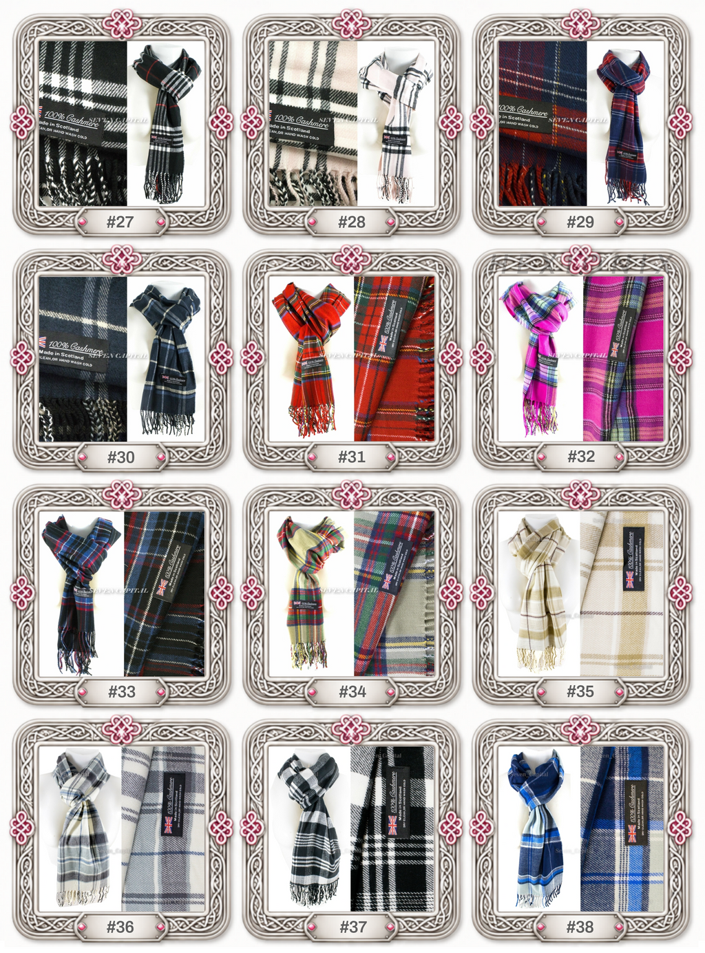 A collage showing 12 different plaid and tartan scarves, each displayed in an ornate silver frame with a pink floral accent and numbered #27 to #38.